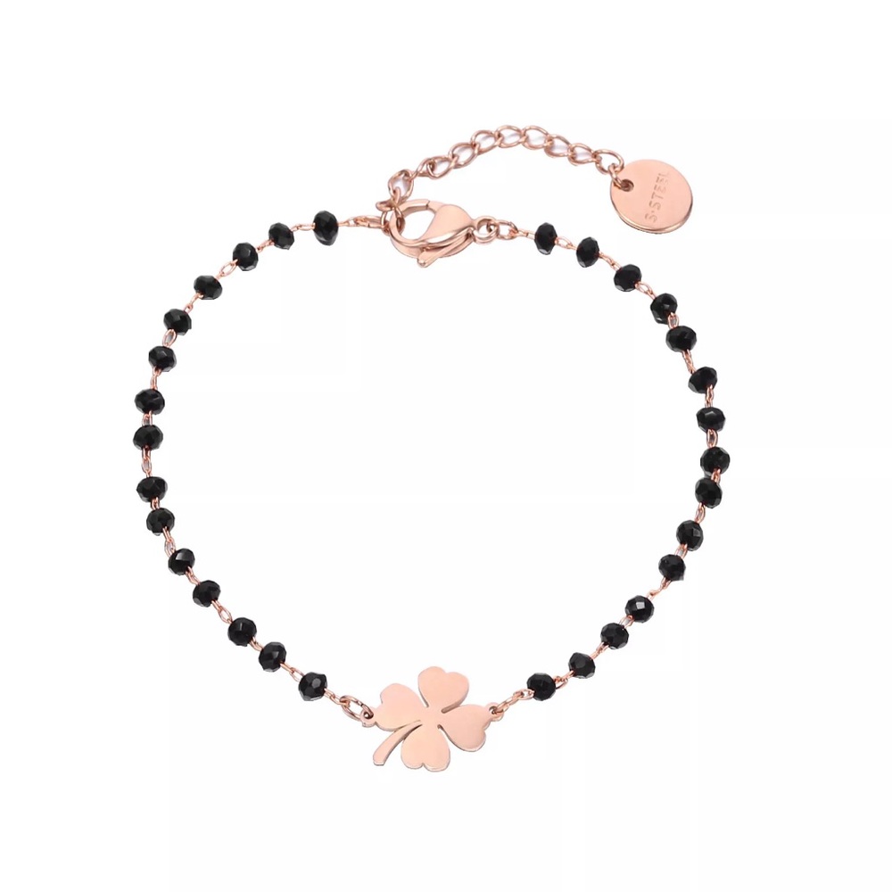 Dainty clover charm black beads bracelet